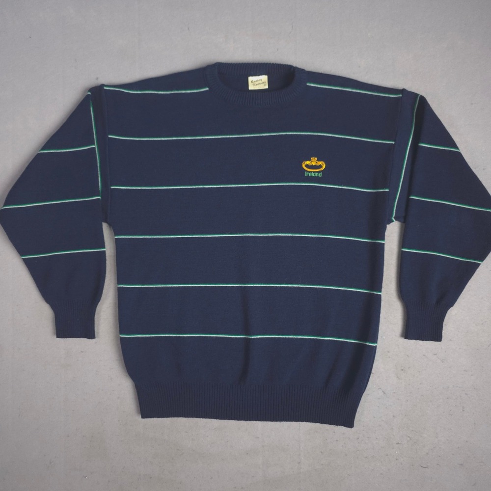 Vintage Ireland Striped Sweater Mens 44 Quality‎ Knitwear Green Gold Accent